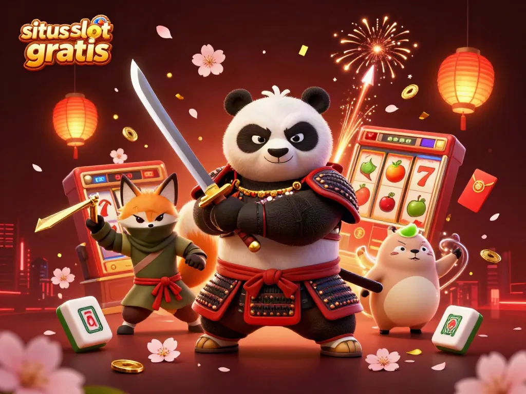 Experience the excitement of situs slot gratis with a fierce panda samurai and vibrant slot elements.