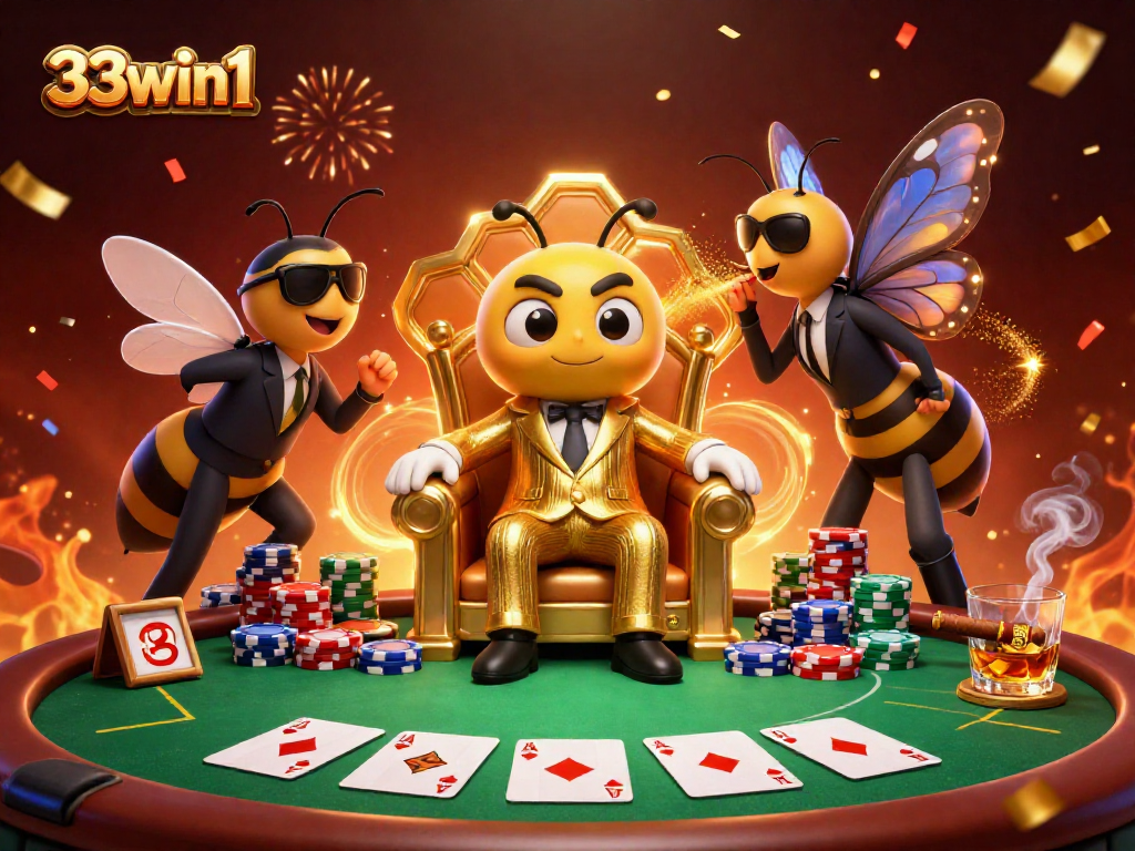 33win1 showcases a detailed cartoon scene with a bumblebee mob boss at a poker table.