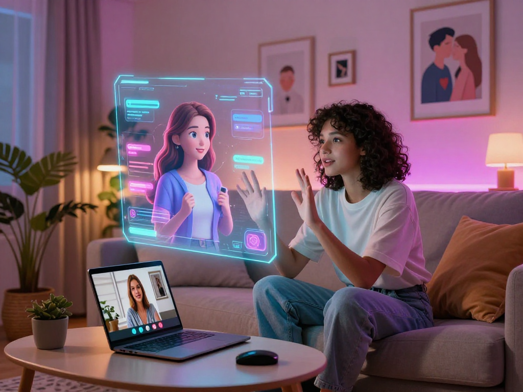 Young person interacting with an AI gf in a cozy smart living room