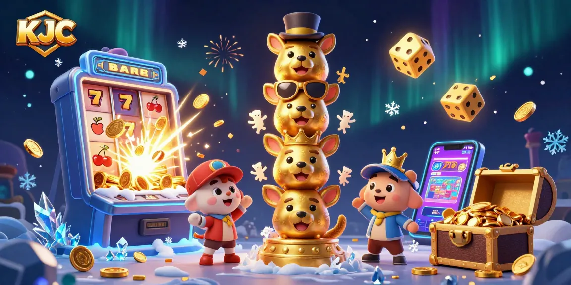 KJC players celebrate big wins at a dynamic online casino scene with vibrant symbols and golden elements.