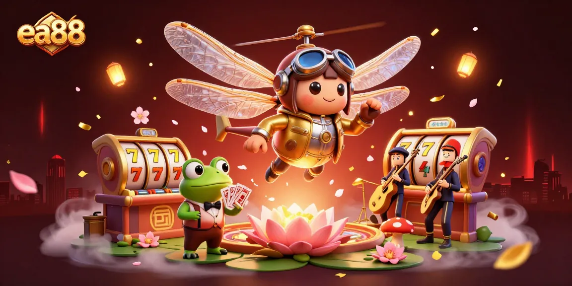Experience the thrill of ea88 gaming with a dragonfly pilot, frog dealer, and lively jazz musicians.