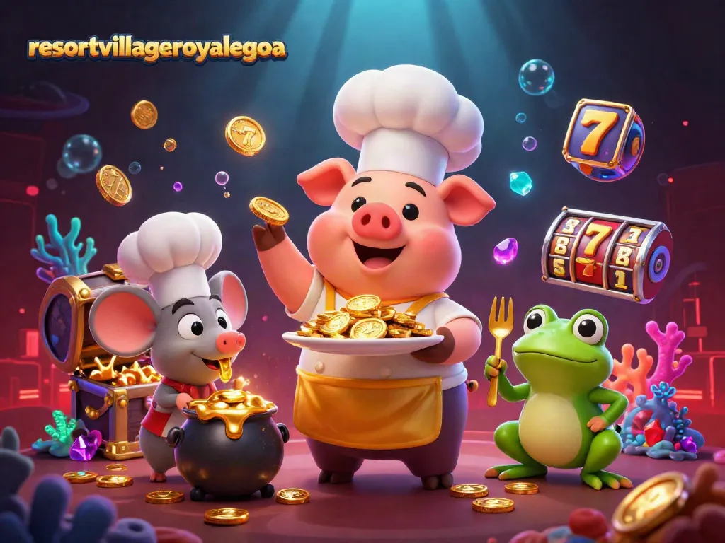 Experience thrilling wins at resortvillageroyalegoa with a vibrant casino scene featuring gold coins and exciting game elements.