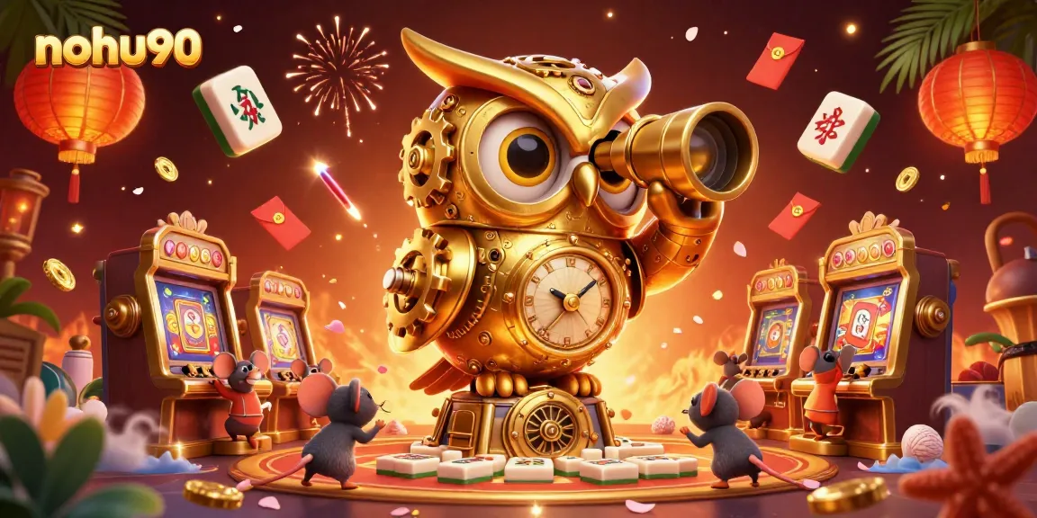 Nohu90 showcases thrilling gameplay with a clockwork owl overseeing a vibrant casino atmosphere.