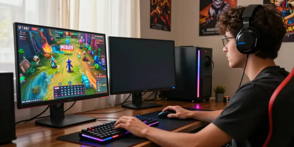Engaged gamer enjoying PG SLOT with colorful graphics and gaming setup.
