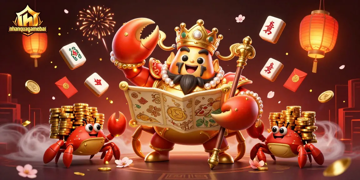 Engage with nhanquagamebai’s strategic gameplay illustrated by a golden crab emperor leading a vibrant scene.