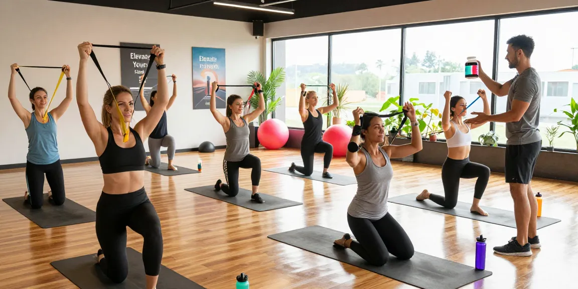 Buy peptides online for fitness enthusiasts participating in a dynamic group workout session, showcasing health supplements and engaging training.