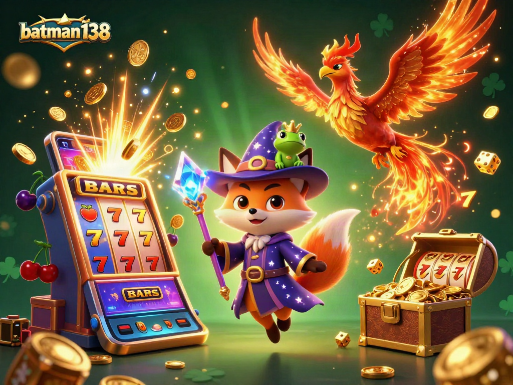Engage in thrilling bets with batman138 at a vibrant online casino scene featuring magical characters.