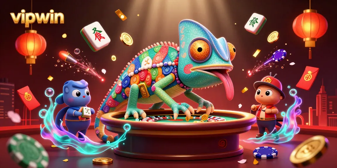 Experience the thrilling world of vipwin as the chameleon casino owner captures golden coins amid a vibrant gaming scene.