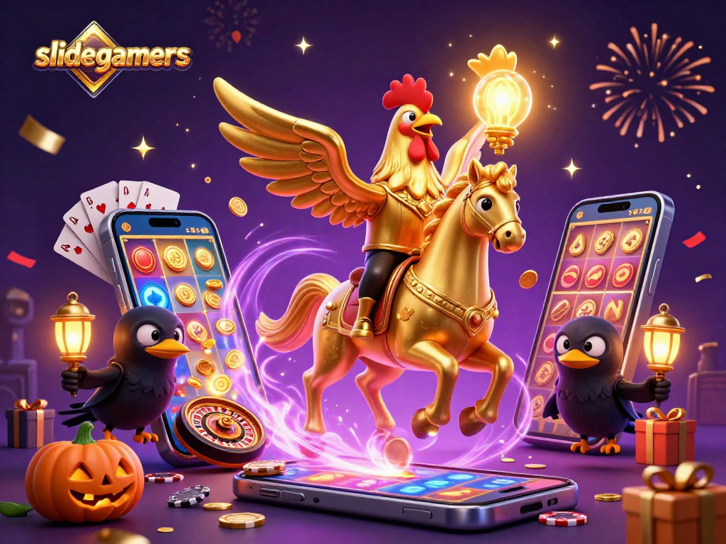 Engage with slidegamers as the golden rooster rides through a dynamic casino scene filled with excitement.