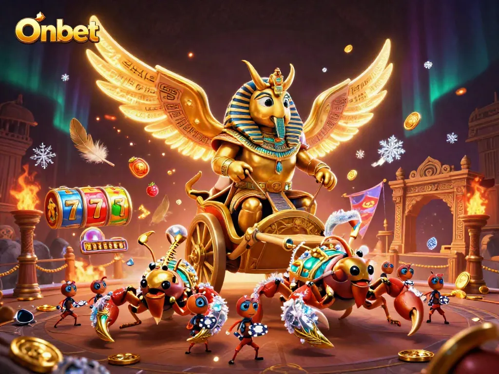 Onbet showcases thrilling jackpots with a 3D golden scarab beetle and vibrant slot elements.