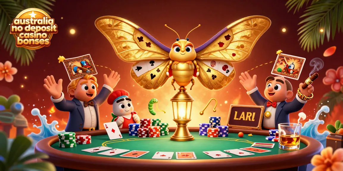 Engage with australia no deposit casino bonuses in this vibrant scene with a 3D atlas moth and poker elements.