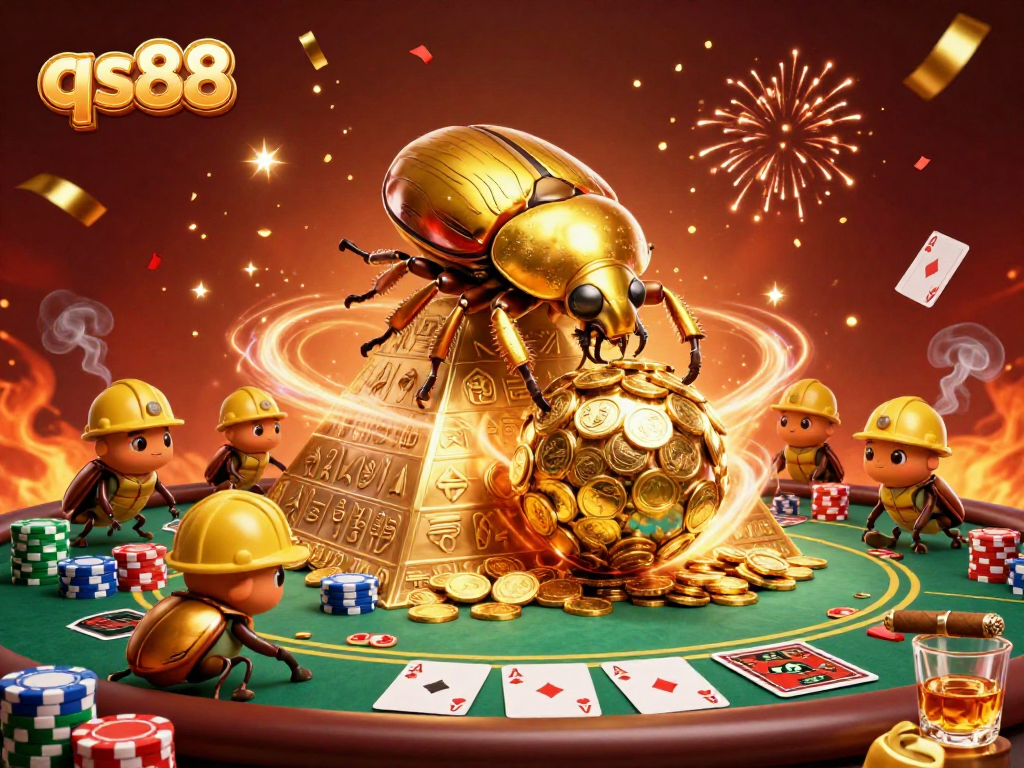 Engage in thrilling gameplay at qs88 with vibrant 3D illustration featuring golden beetles and poker elements