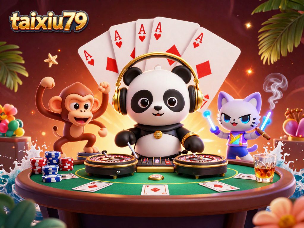 Experience thrilling gameplay at taixiu79 with animated 3D casino characters in a vibrant scene.