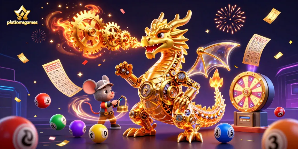 Platformgames features a mechanical golden dragon amidst exciting lottery elements, creating a vibrant gaming atmosphere.