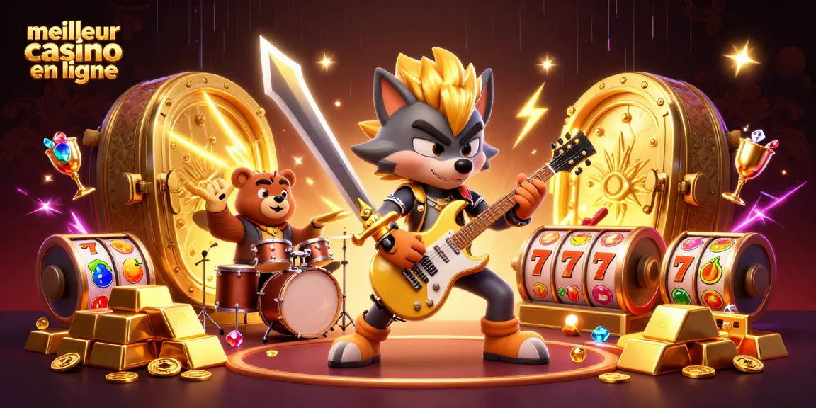 Illustration animée représentant le meilleur casino en ligne avec un loup rock star et un ours batteur sur scène entourés de trésors.