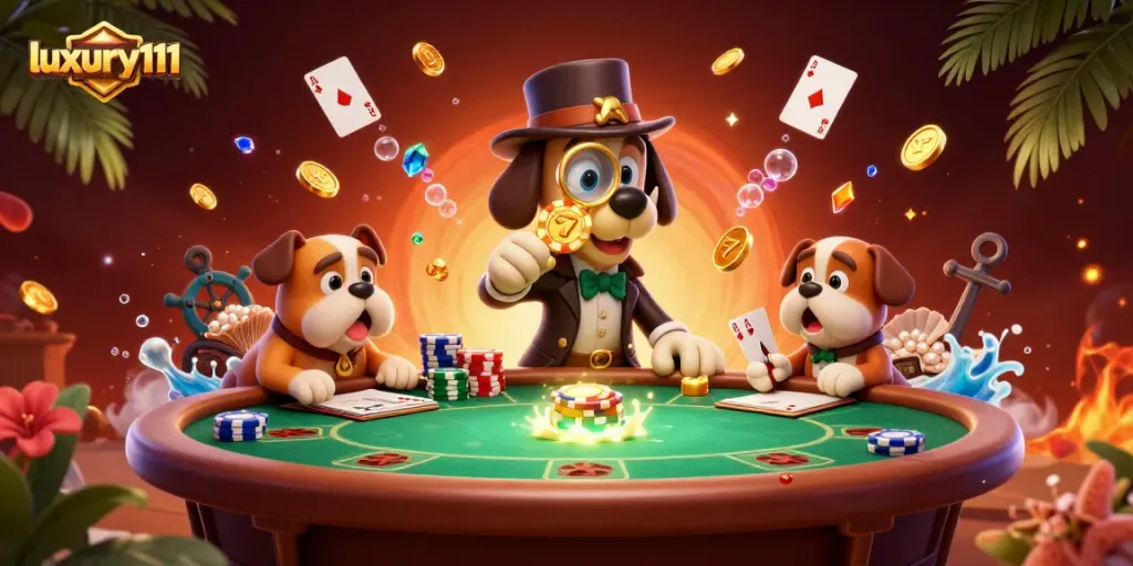 Win big with luxury111 at a vibrant poker scene featuring a detective examining clues!