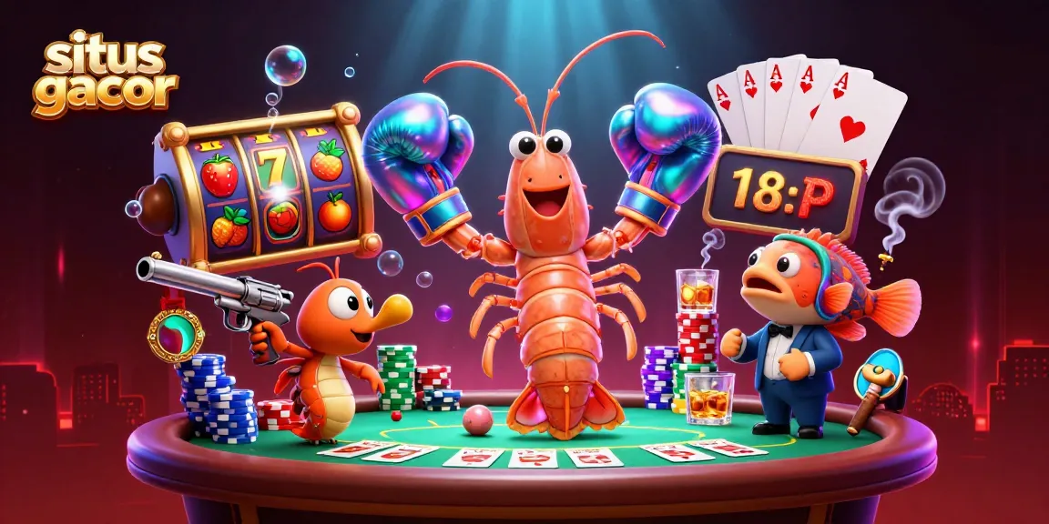 Bermain di situs slot gacor dengan simbol slot, pemenang jackpot, dan suasana kasino yang penuh warna.
