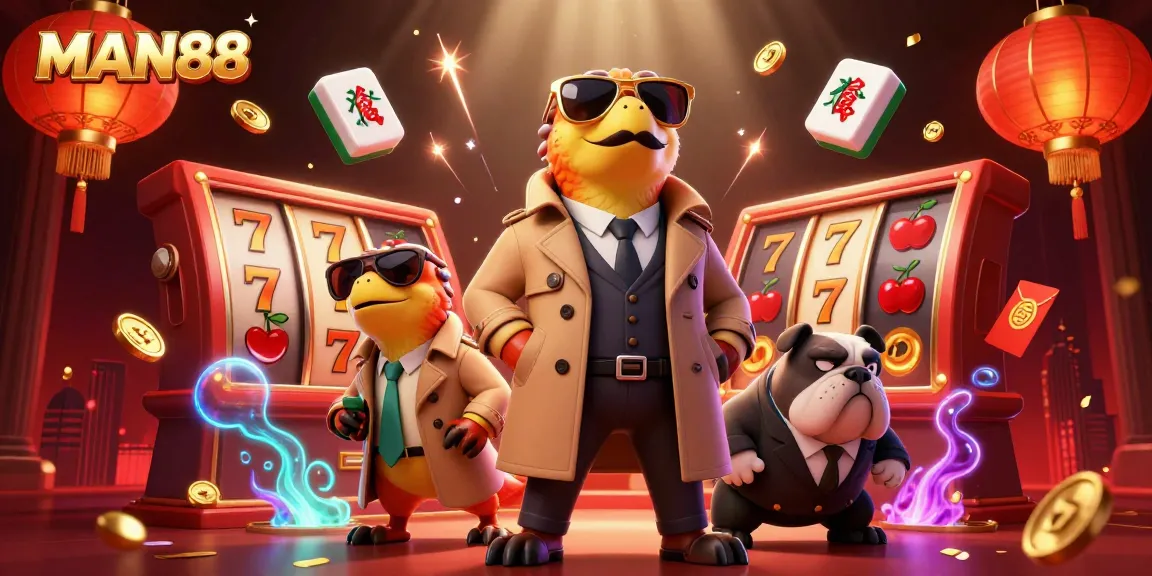 Engage with MAN88's exciting VIP casino lounge featuring playful raptors and dynamic gaming elements.
