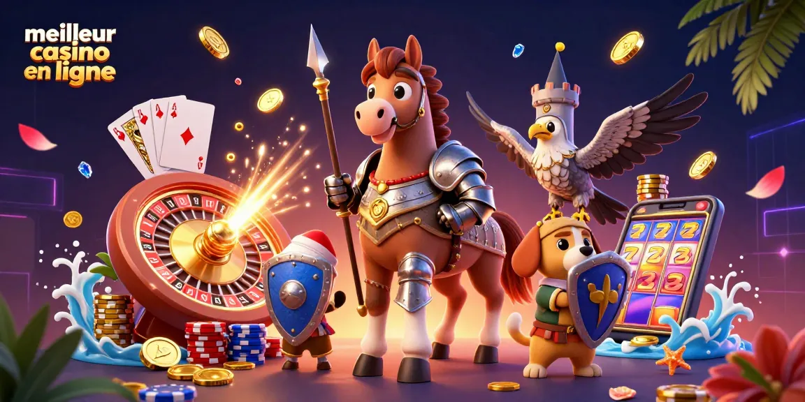 Découvrez le meilleur casino en ligne avec un cheval chevalier, un chiot et un faucon dans une scène dynamique remplie de jeux.