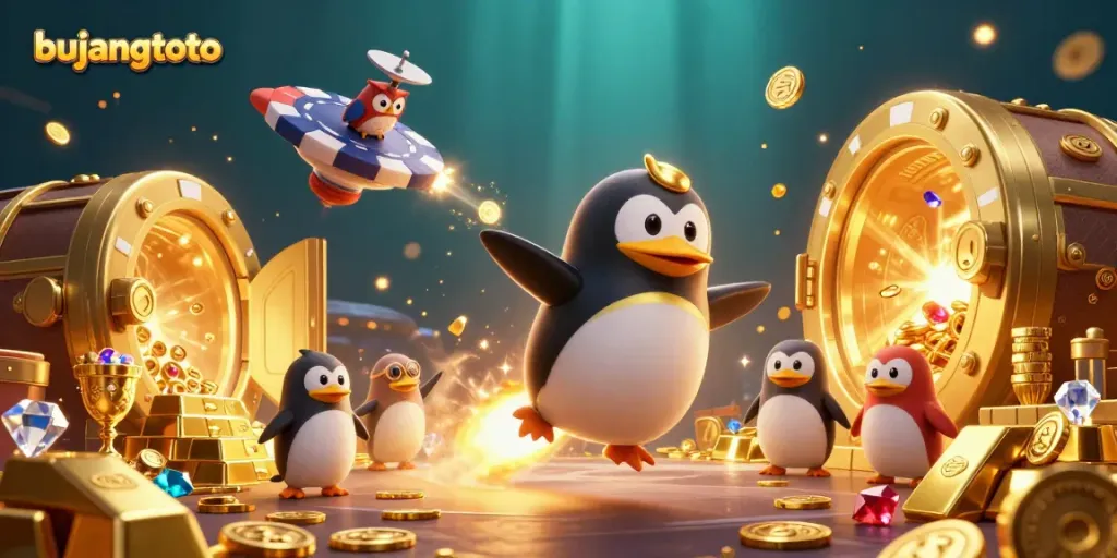 Experience the excitement of bujangtoto with a golden penguin soaring towards a dazzling casino!