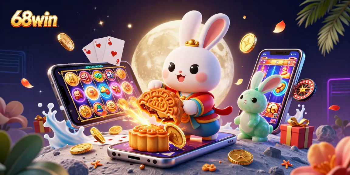Experience the thrill of 68win with vibrant casino games, poker chips, and a playful moon rabbit in action.