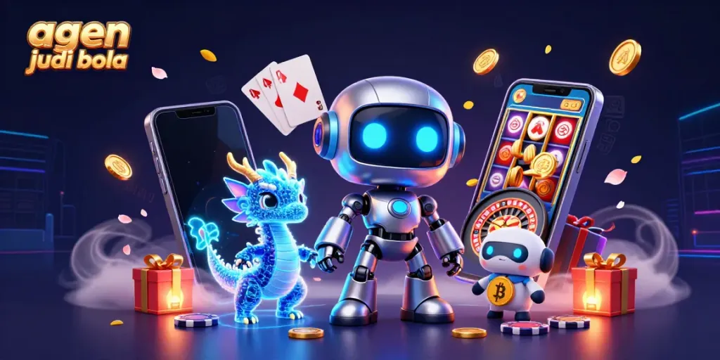 Experience thrilling betting at agen judi bola with a futuristic 3D scene depicting dynamic casino elements.