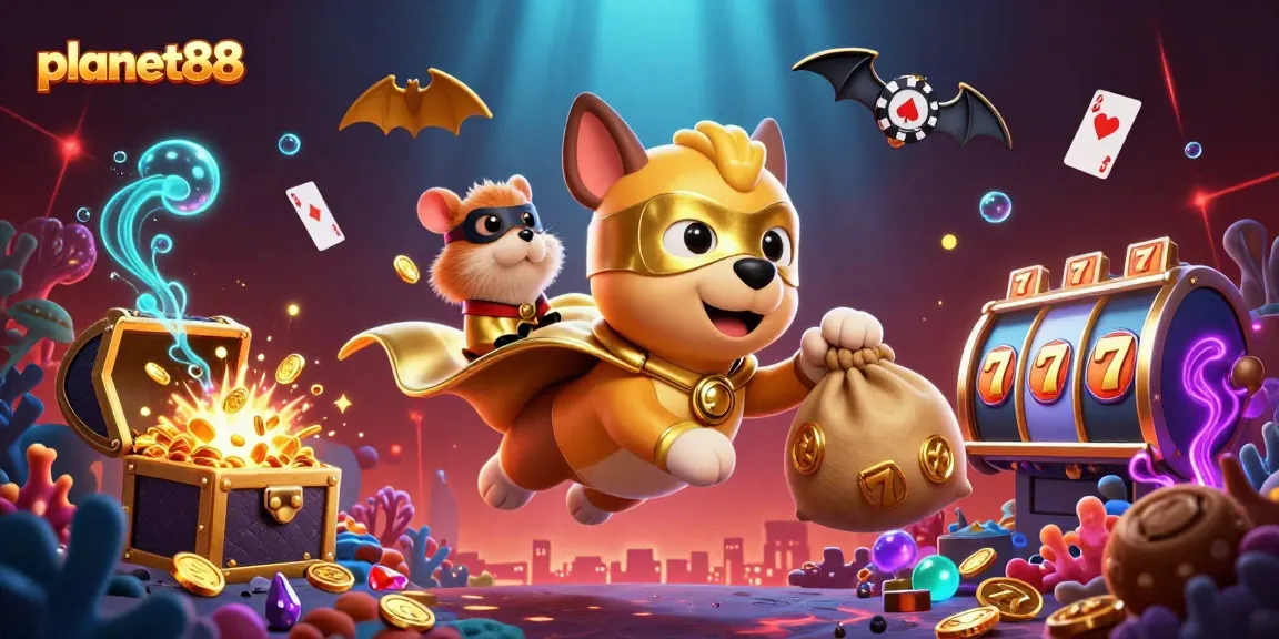 Experience thrilling games with planet88, featuring a superhero dog flying with gold coins amid vibrant casino elements.