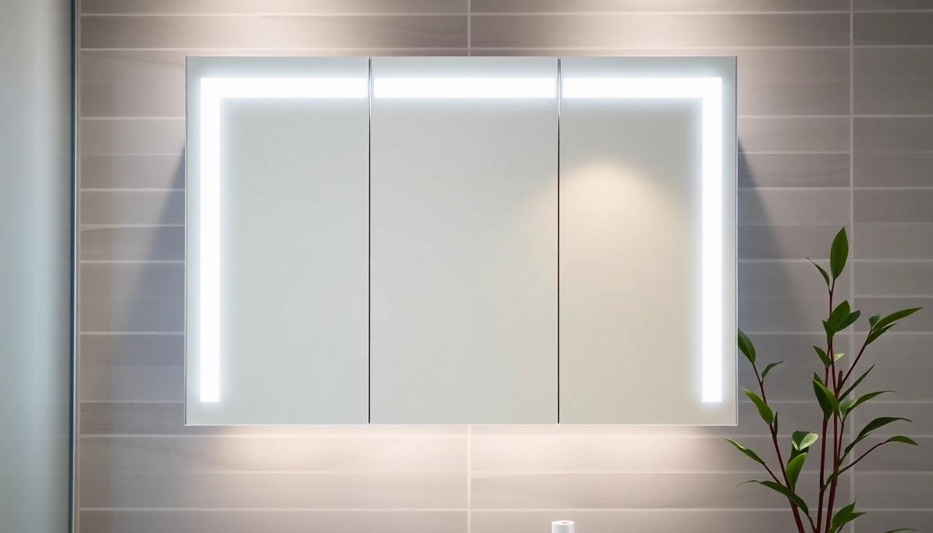 Spiegelschrank Bad mit Beleuchtung in stilvollem Badezimmer-Design präsentieren, reflektierendes Finish.