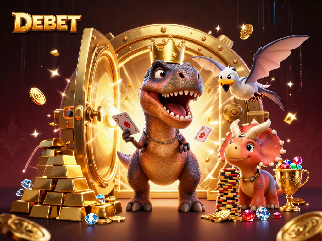 DEBET's vibrant casino scene featuring a T-Rex, pterodactyl, and triceratops amidst gold and jewels.