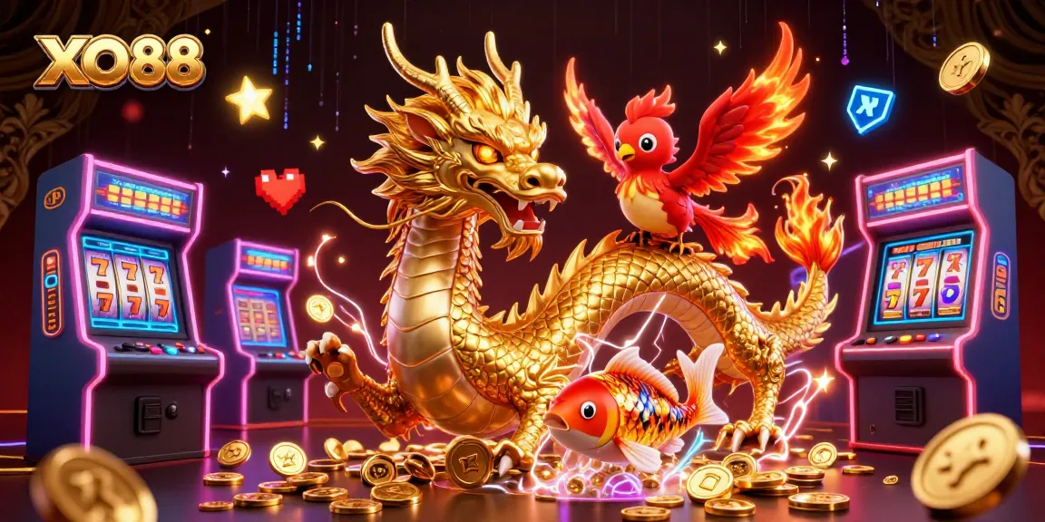 Engage with XO88’s lively 3D illustration featuring a dazzling dragon and phoenix amidst vibrant slot elements and coins.