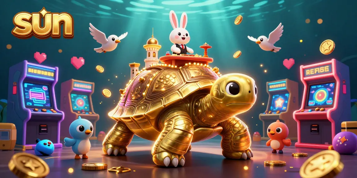 Engage with the sun-inspired casino adventure featuring a golden tortoise, rabbit dealer, and flying coins.