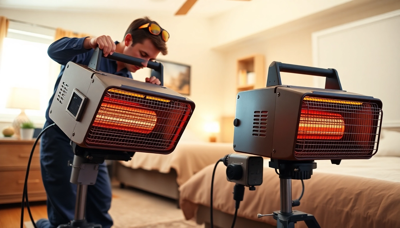Efficient bed bug heat treatment being performed by a professional pest control technician within a cozy, bright bedroom.