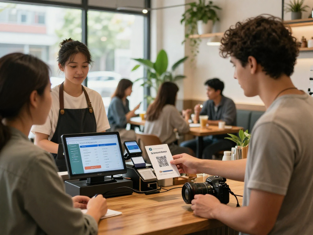 Customer interacting with loyalty software in a cozy cafe, showcasing loyalty software benefits and engaging atmosphere.
