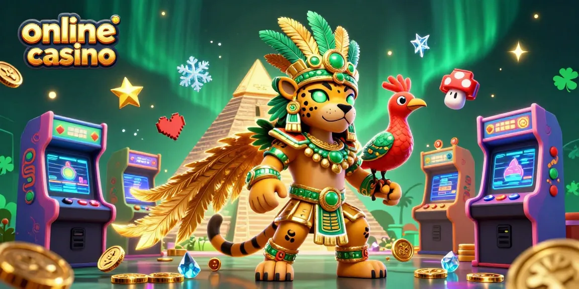 Experience the excitement of online casino gaming in a vibrant, dynamic scene featuring a Mayan jaguar priest and a quetzal bird.