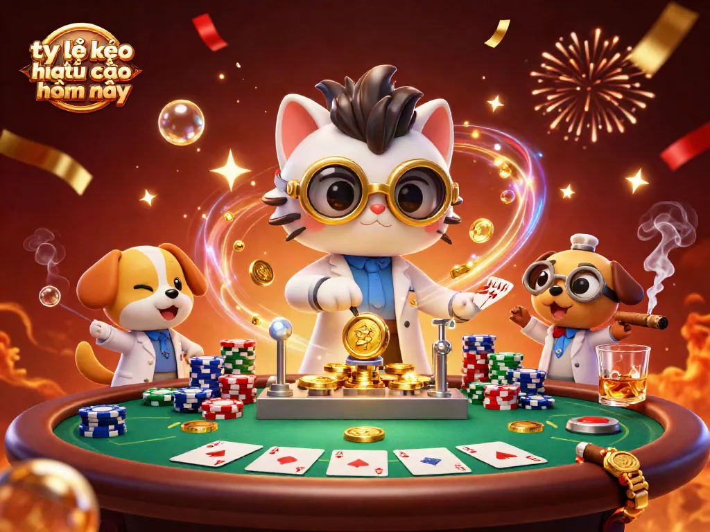Bet on tỷ lệ kèo nhà cái hôm nay with animated scene of a mad scientist cat and assistant amidst casino elements.
