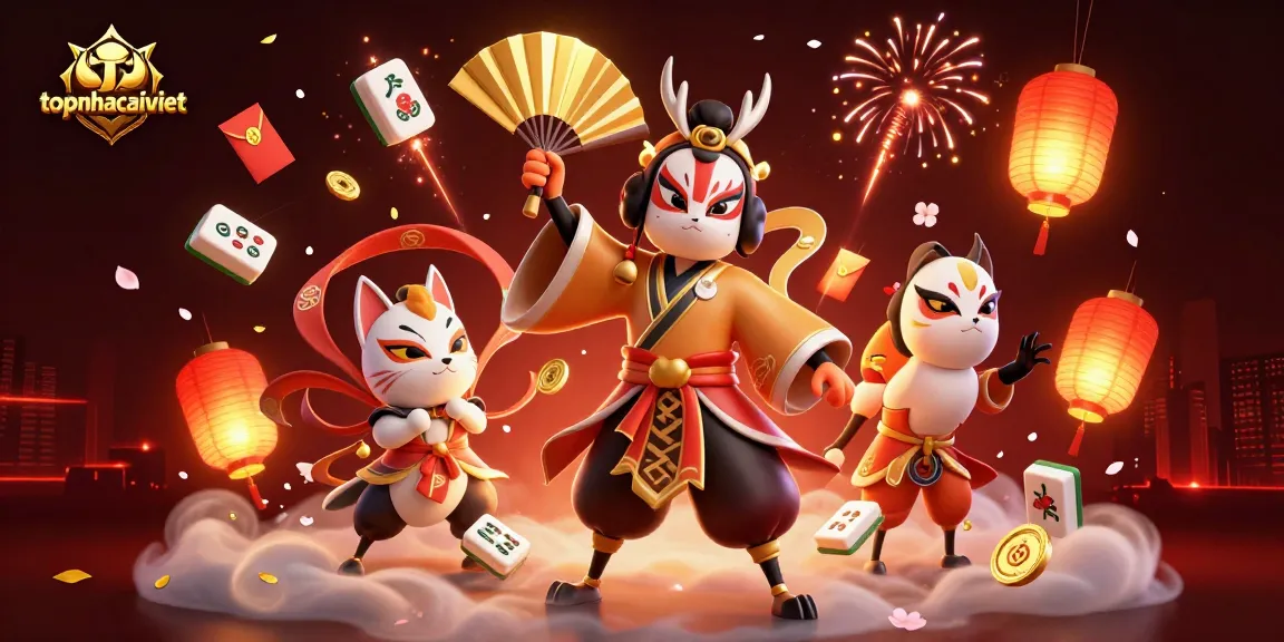 Experience rich traditions with topnhacaiviet in this dynamic casino illustration featuring kabuki warriors and vibrant elements.