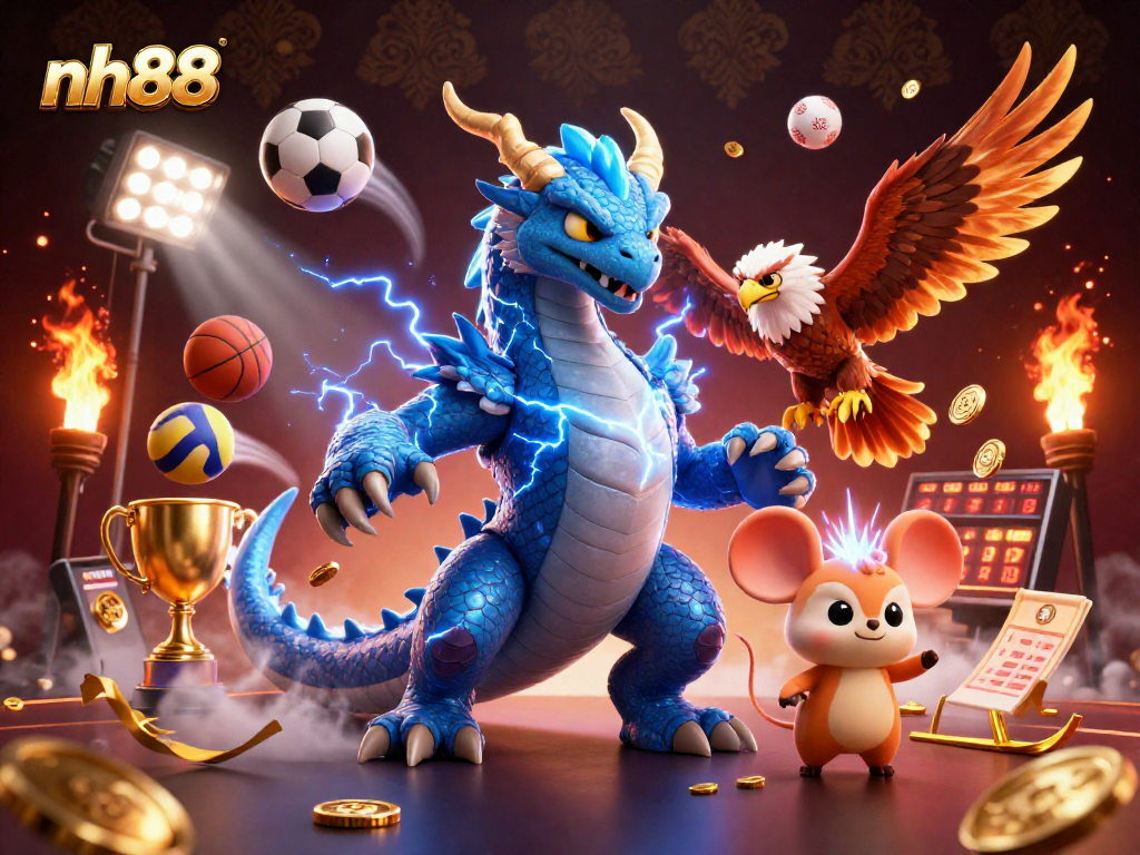 Experience winning thrills at nh88 with a dynamic gaming scene showcasing sports, trophies, and vibrant characters.
