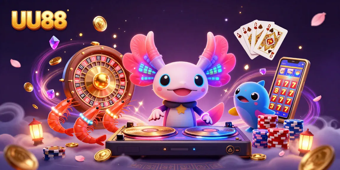UU88 presents a lively underwater casino scene with axolotl DJ, shrimp dancers, and vibrant game elements.