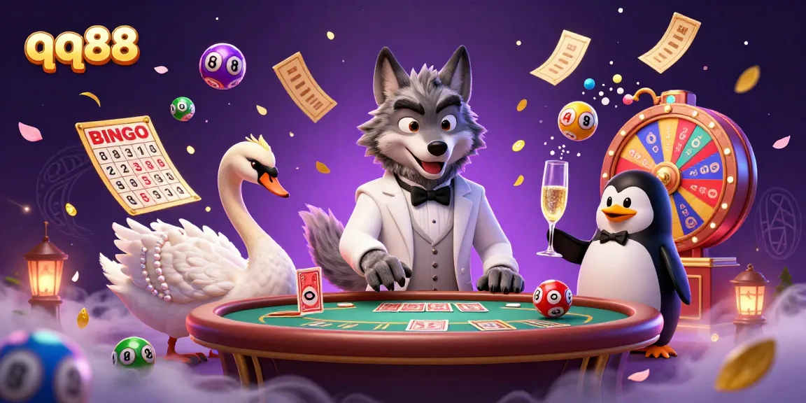 The whimsical scene at qq88 features a wolf, swan, and penguin amidst vibrant casino elements, highlighting action and excitement.