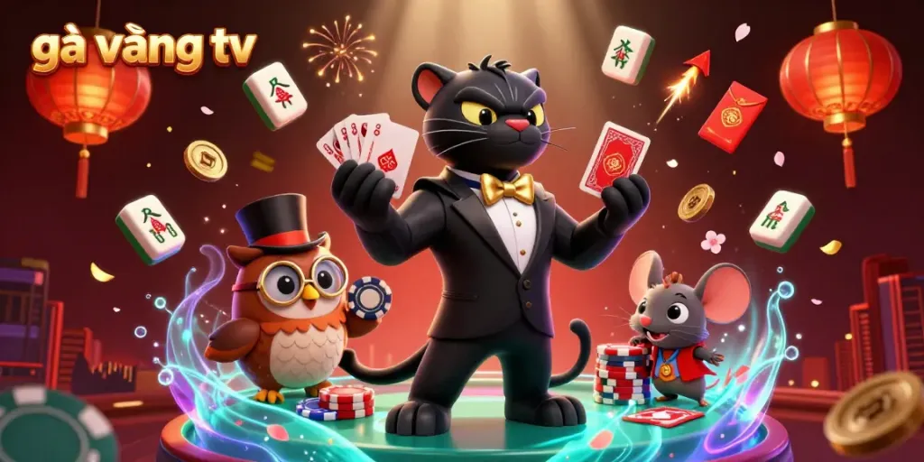 Experience gà vàng tv excitement with cartoon characters and vibrant casino elements.