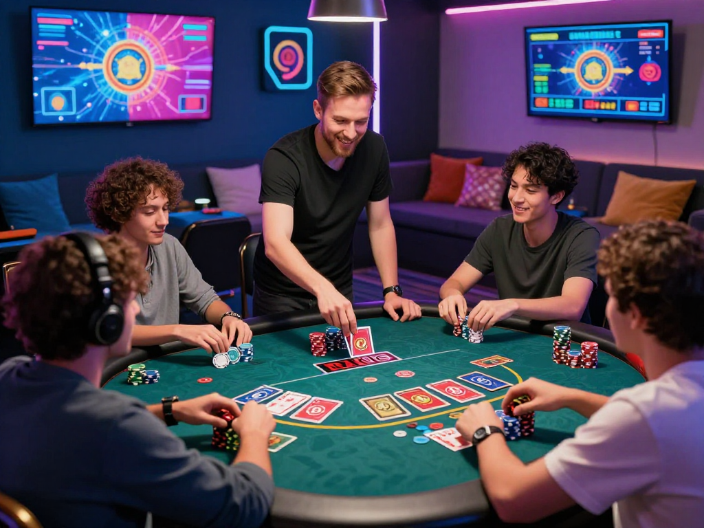 Engaging crypto casino atmosphere with diverse online players enjoying a virtual card game in a vibrant, high-tech setting.