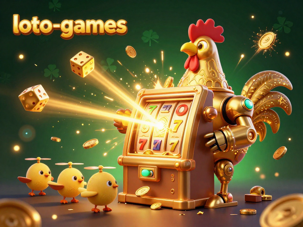 Experience the excitement of loto-games with a vibrant 3D jackpot scene featuring a golden rooster robot shooting lasers amidst coins and game elements.