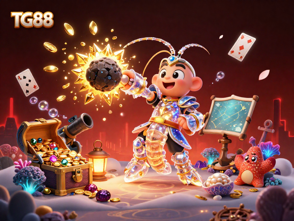 Watch TG88's adventurous mantis shrimp conquer asteroids while revealing treasures and treasures in this online casino illustration.