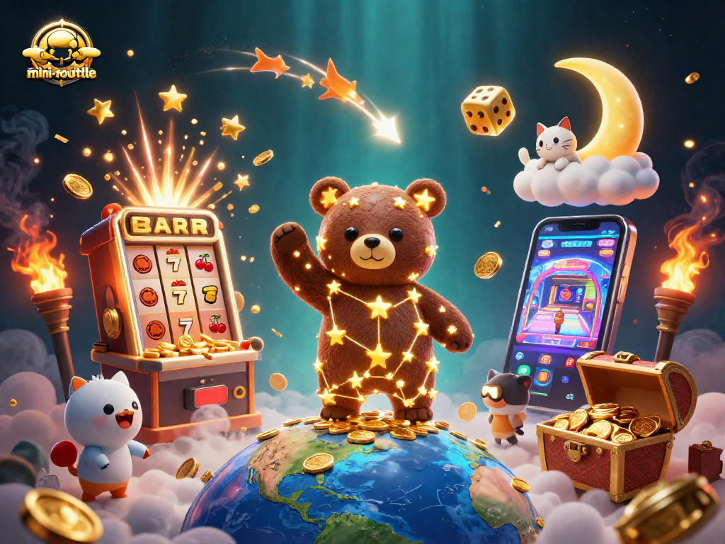 Experience the excitement of mini-roulette with a vibrant 3D casino illustration featuring captivating characters and games.