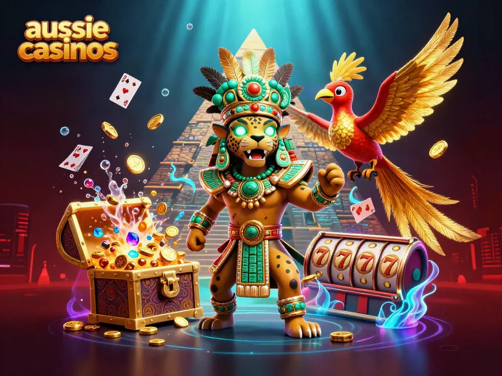Experience excitement at aussie casinos with a Mayan priest and quetzal bird amidst vivid gaming elements.