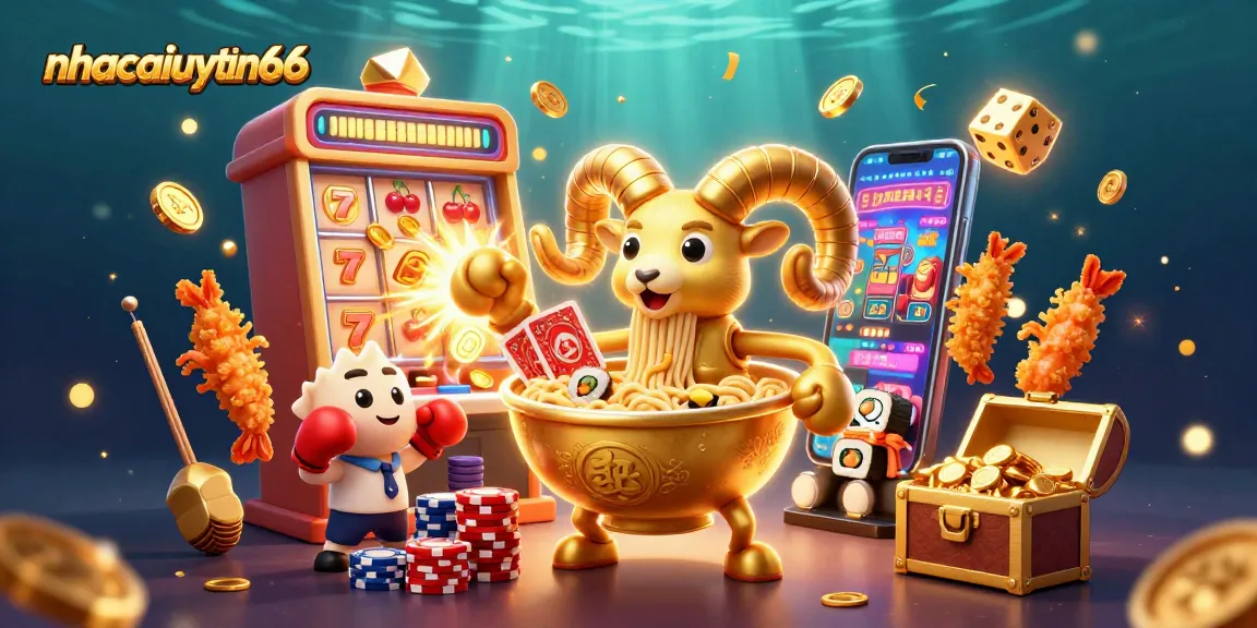 Engaging nhacaiuytin66 scene with vibrant 3D casino illustrations featuring a golden ramen bowl and slot machine action.