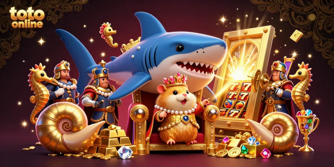 Memenangkan jackpot besar dengan toto online dikelilingi karakter kasino 3D yang menarik dan cahaya emas.