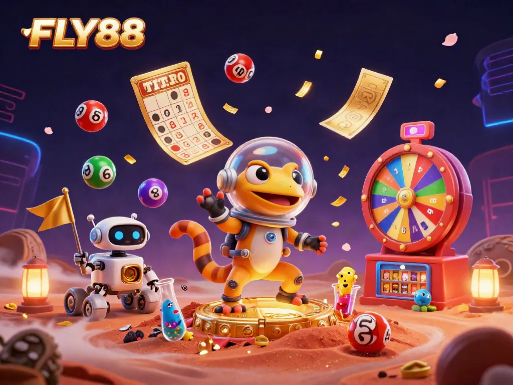 FLY88 showcases a Martian gecko in a retro space suit uncovering a hidden casino with exciting games.