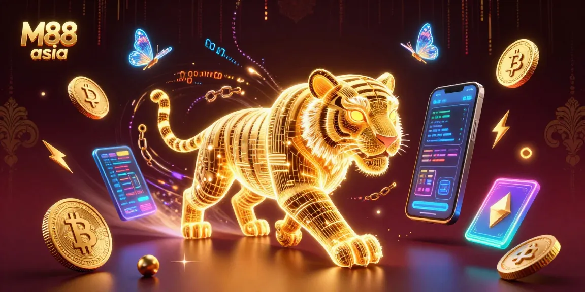 M88 asia showcases a golden tiger and holographic butterflies in a vibrant casino scene with crypto elements.