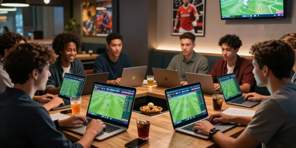 Cheering friends engaging at WWBOLA live betting event with screens and stats.